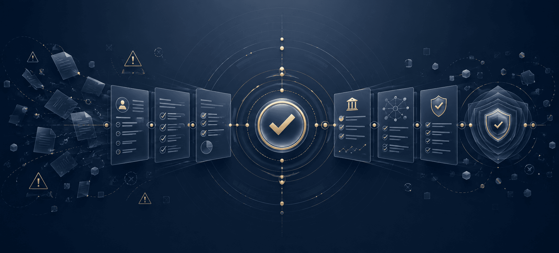 Abstract corporate visa application concept showing organised document panels, warning markers, verification checks, and secure approval pathways arranged around a central gold checkmark on a dark navy background.